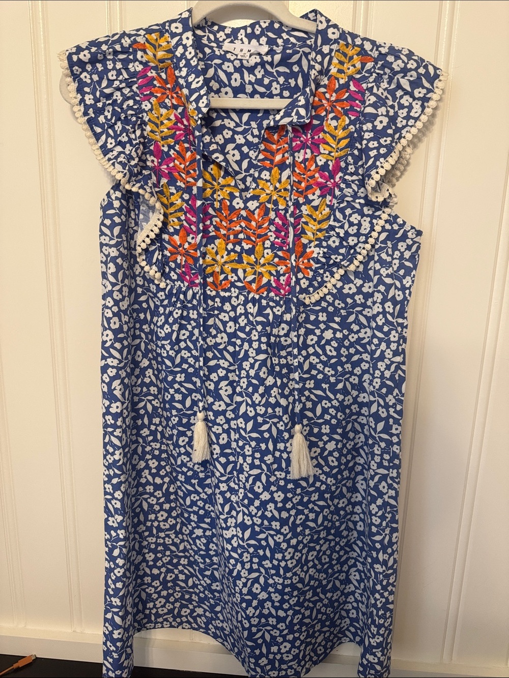 THML Blue Floral Embroidered Casual Shift Dress